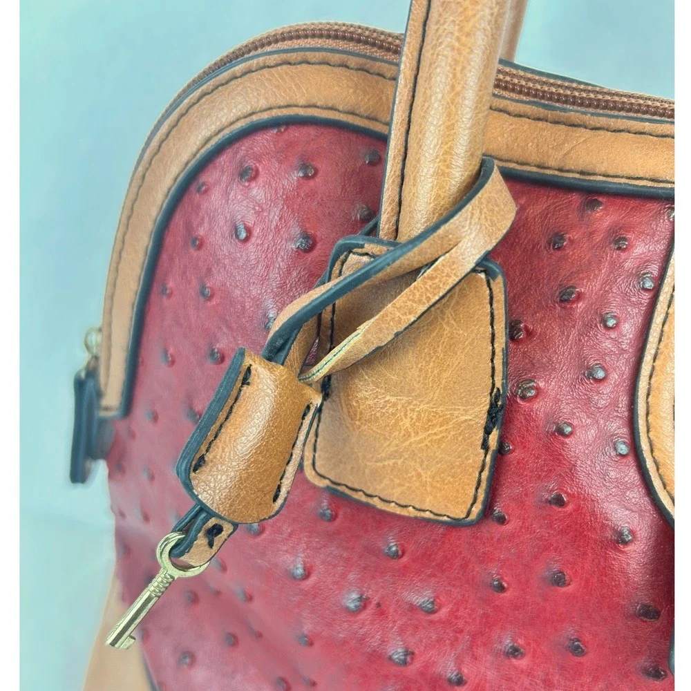 London Fog Red Ostrich Embossed Satchel Handbag Tan‎ Trim Gold Hardware